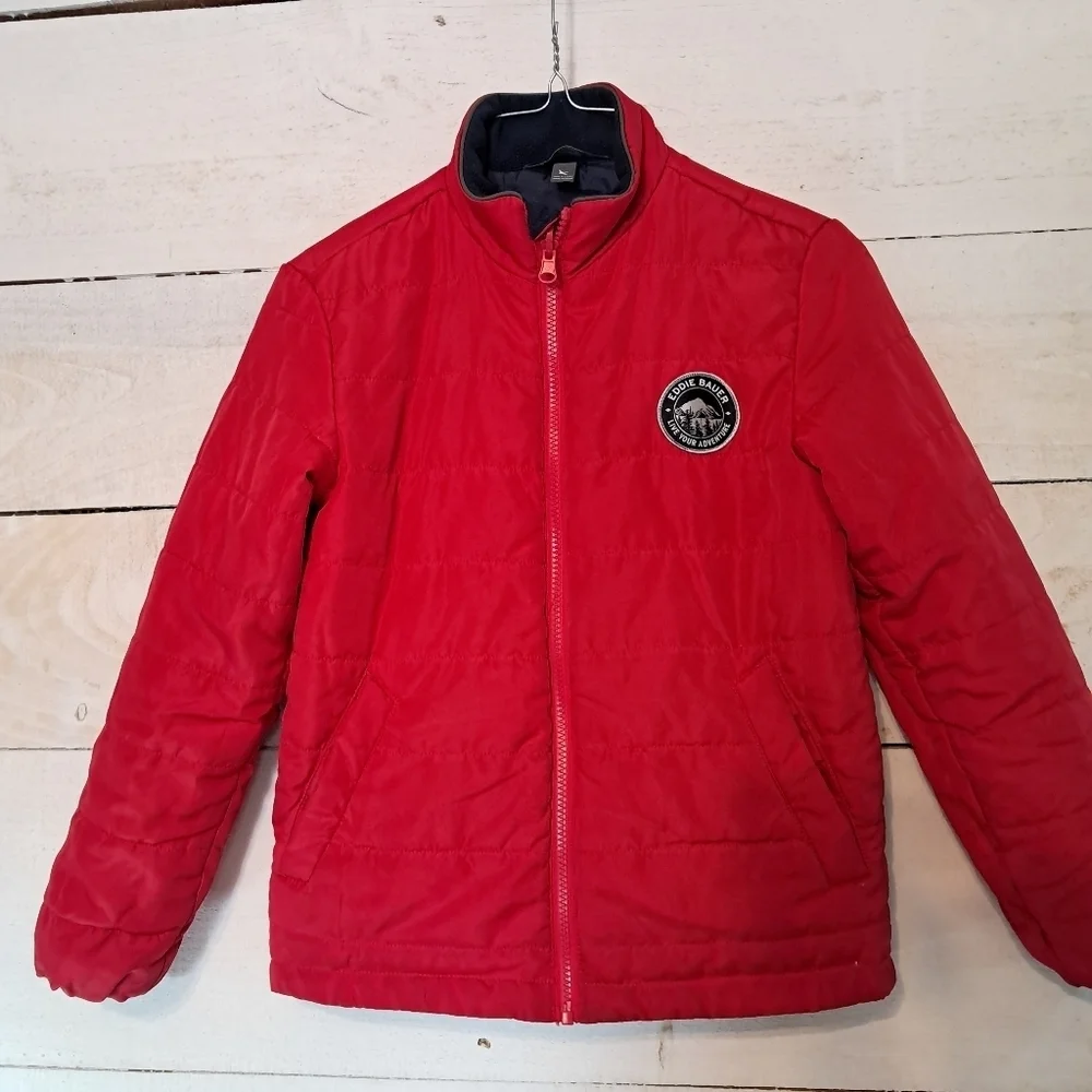 Eddie Bauer Puffer Jacket Kids Small 7/8 Red Full Zip, Retro Logo on Chest